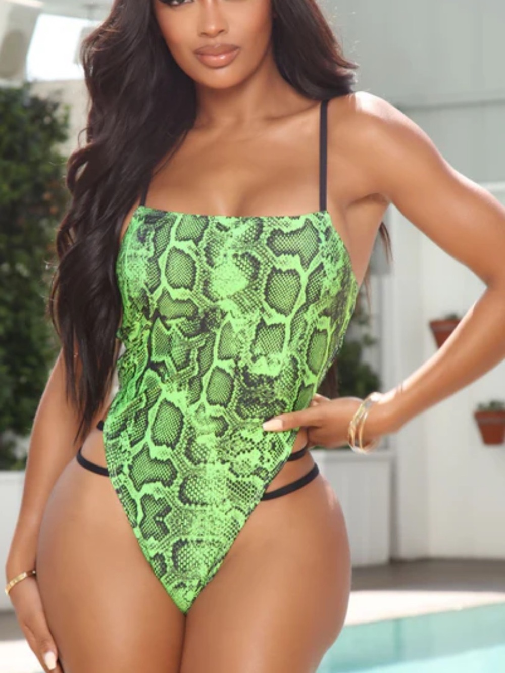 Fashion Nova Neon Green Snake Print Strappy One-Piece Swimsuit secret beach